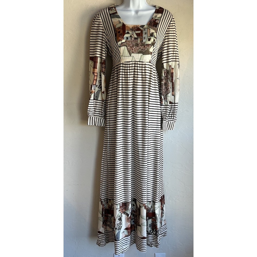 Vintage 60s 70s LA Nylon Maxi Dress 12 Prairie Folk Novelty Cottagecore Bohemian - Picture 1 of 13